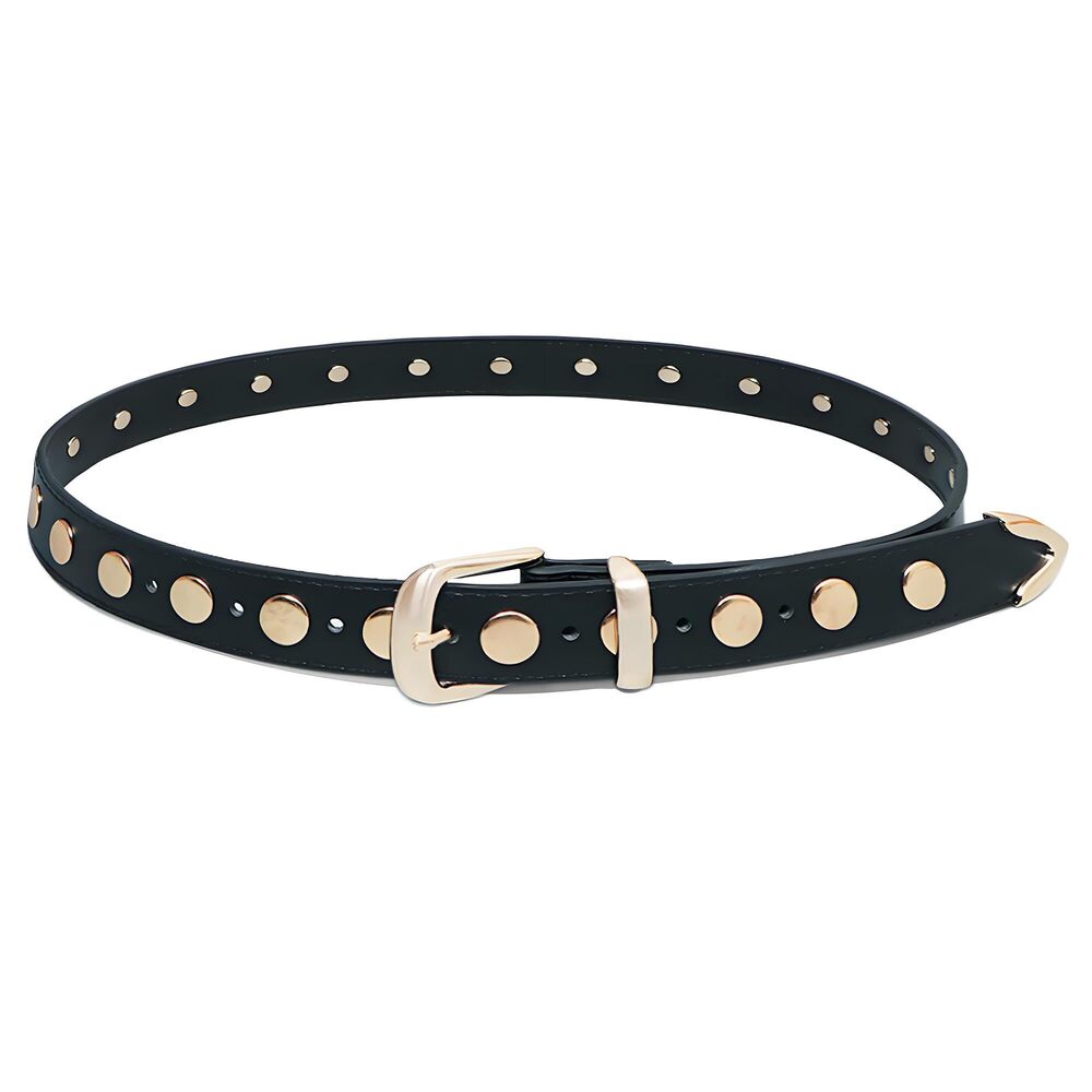 5437 Women Trend Y2k Studded Pu Leather Belt Solid Color Shiny Buckle Waist
